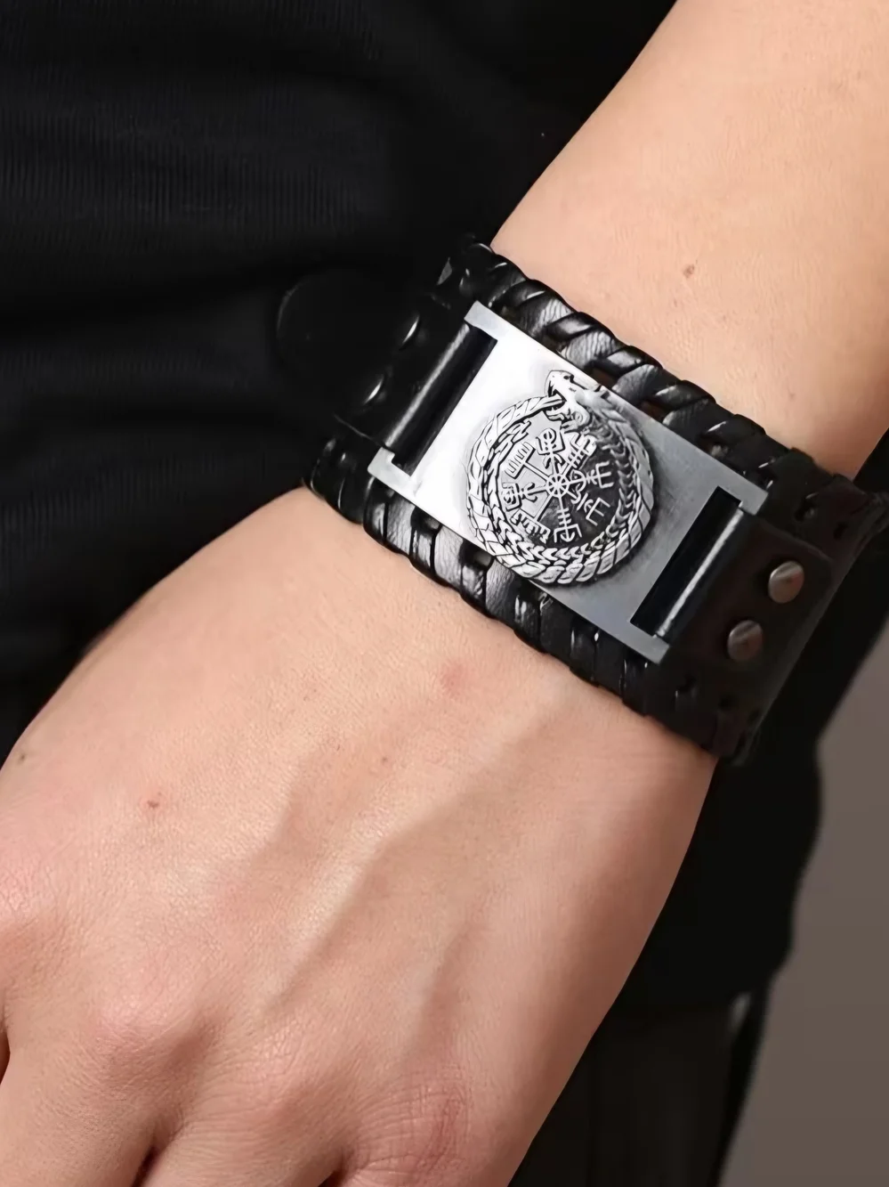 Black Leather Braided Cuff Bracelet with Silver Ouroboros Medallion, Mens